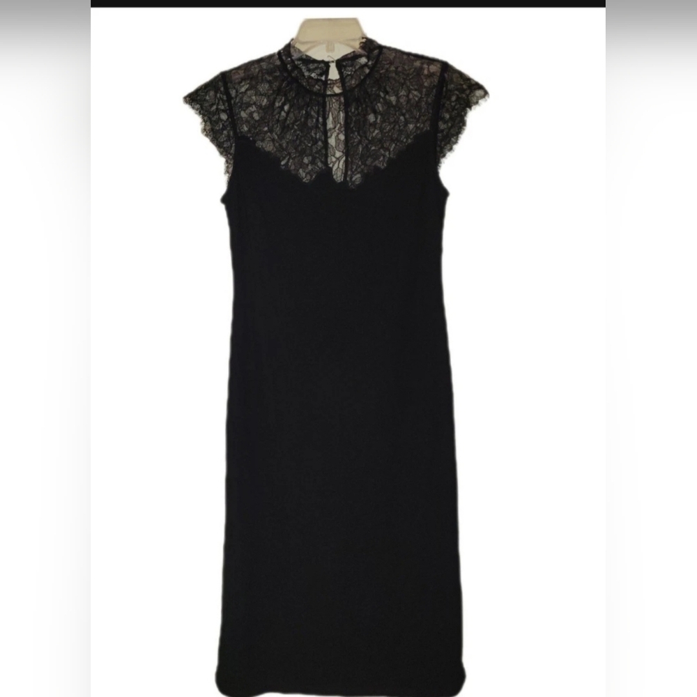 BCBGMAXAZRIA Black Midi Dress Lg High Lace Yoke Keyhole Back Whitchy Whimsygoth